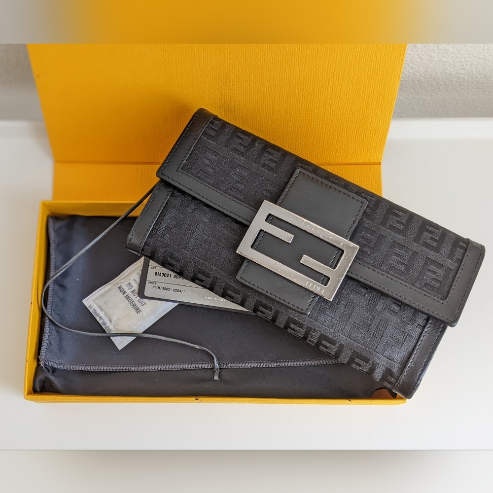 Fendi Black Zucca Monogram Buckle Continental Wallet